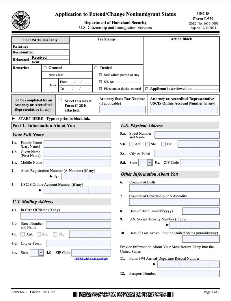 Amerika I-539 Formu Görseli