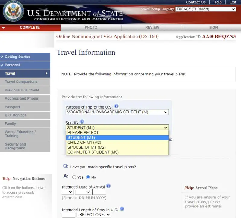 Amerika M1 Vize Başvuru Formu