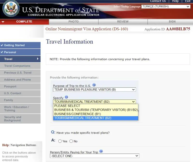 Amerika Turist Vizesi için DS-160 Formu