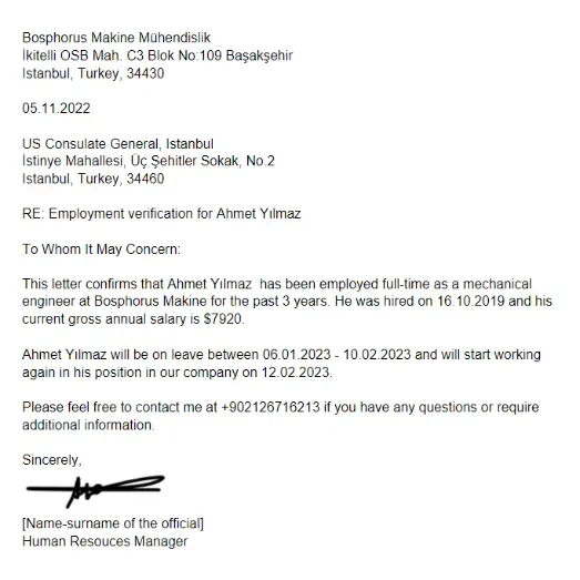 Amerika Vizesi için İşveren Dilekçe Örneği