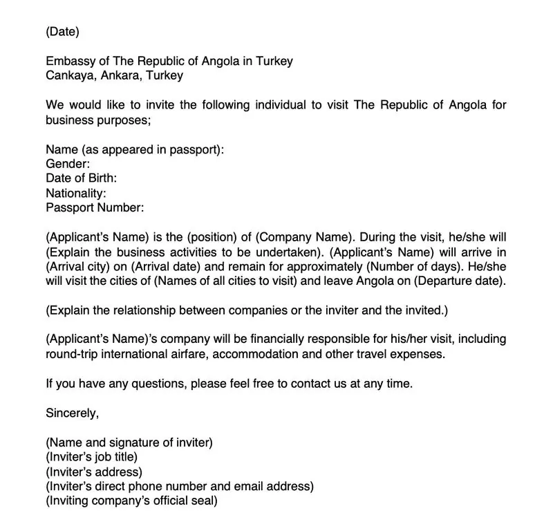 Angola Ticari Vize Davet Mektubu