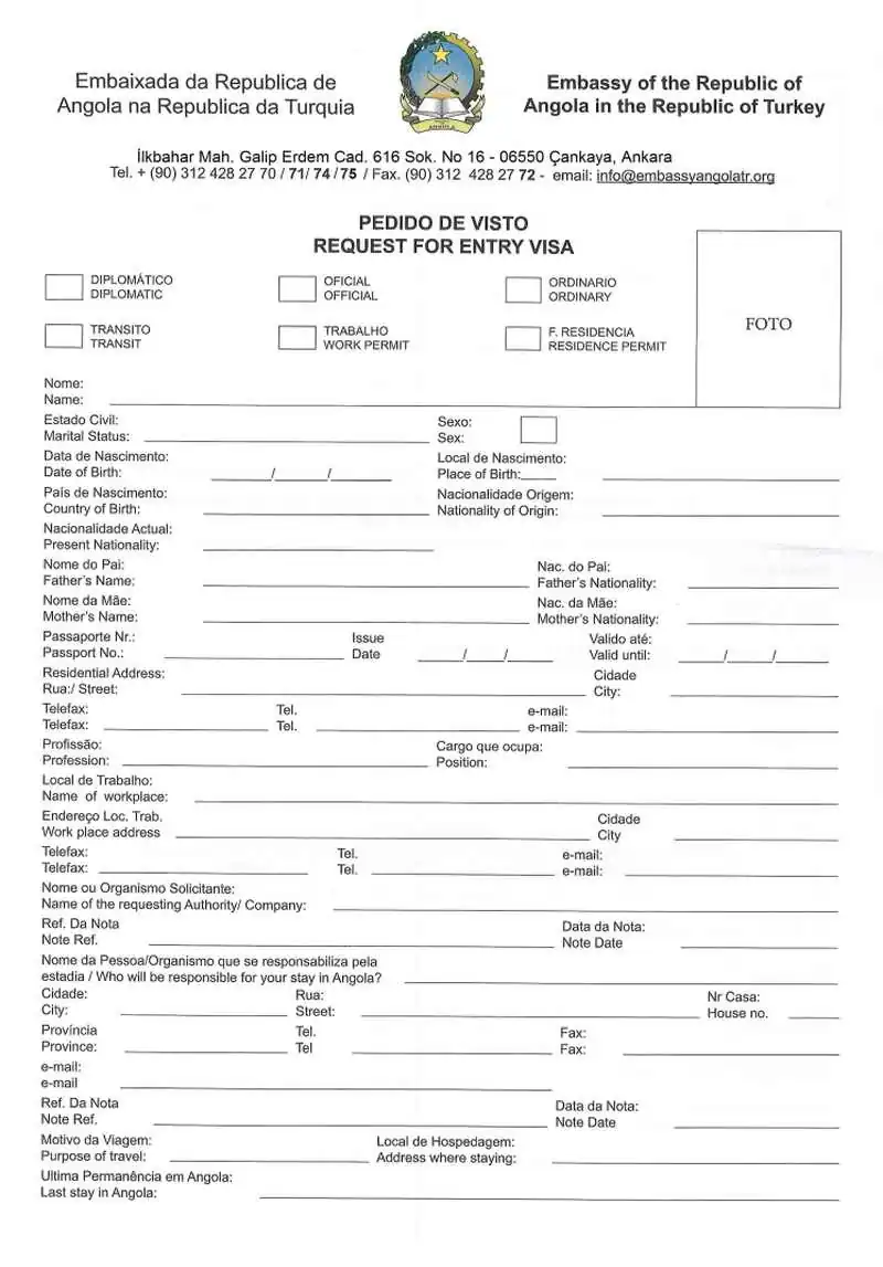 Angola Transit Vize Başvuru Formu