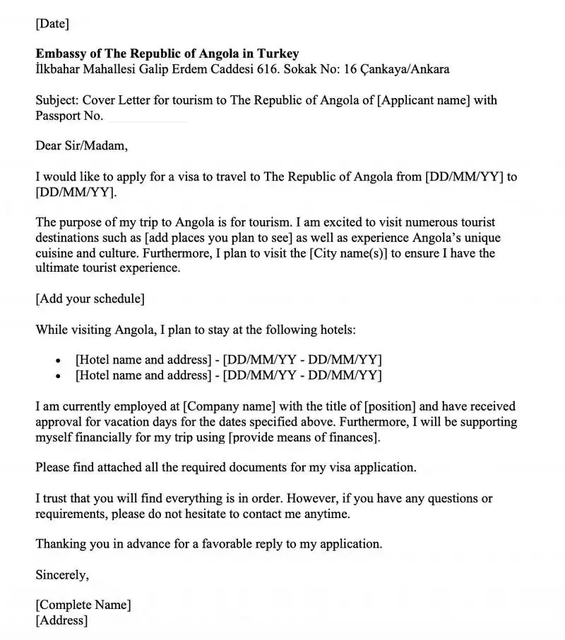 Angola Vize Başvuru Dilekçesi Örneği