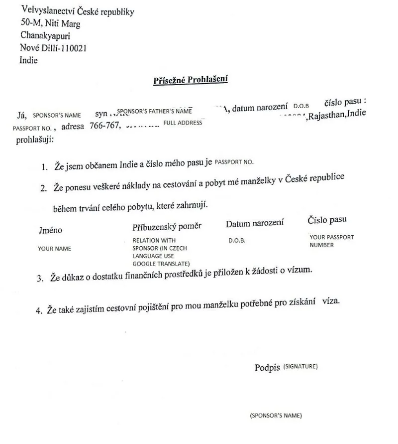 Çek Cumhuriyeti Vize Sponsor Dilekçesi Örneği