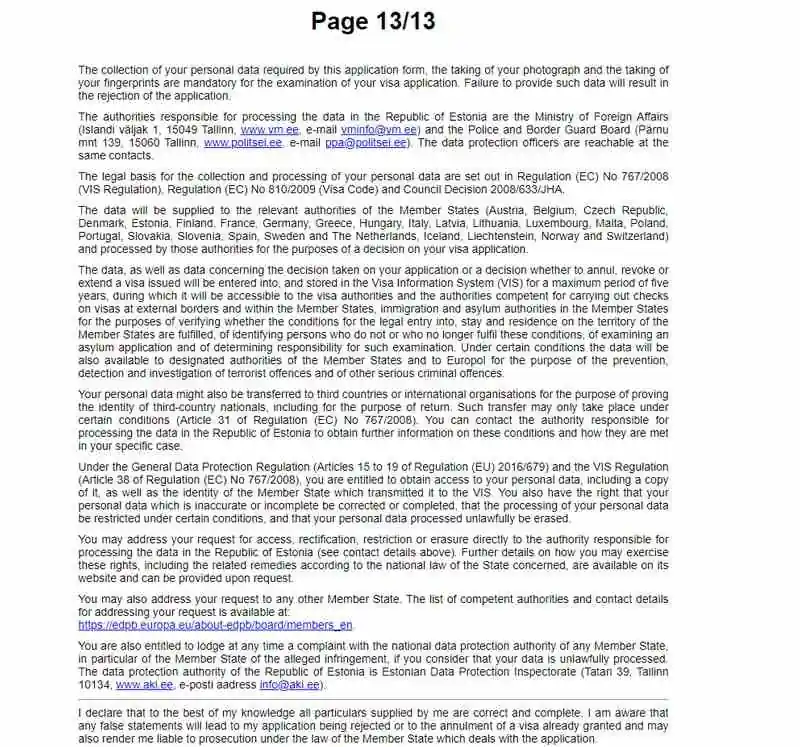 Estonya Vize Başvuru Formu #13