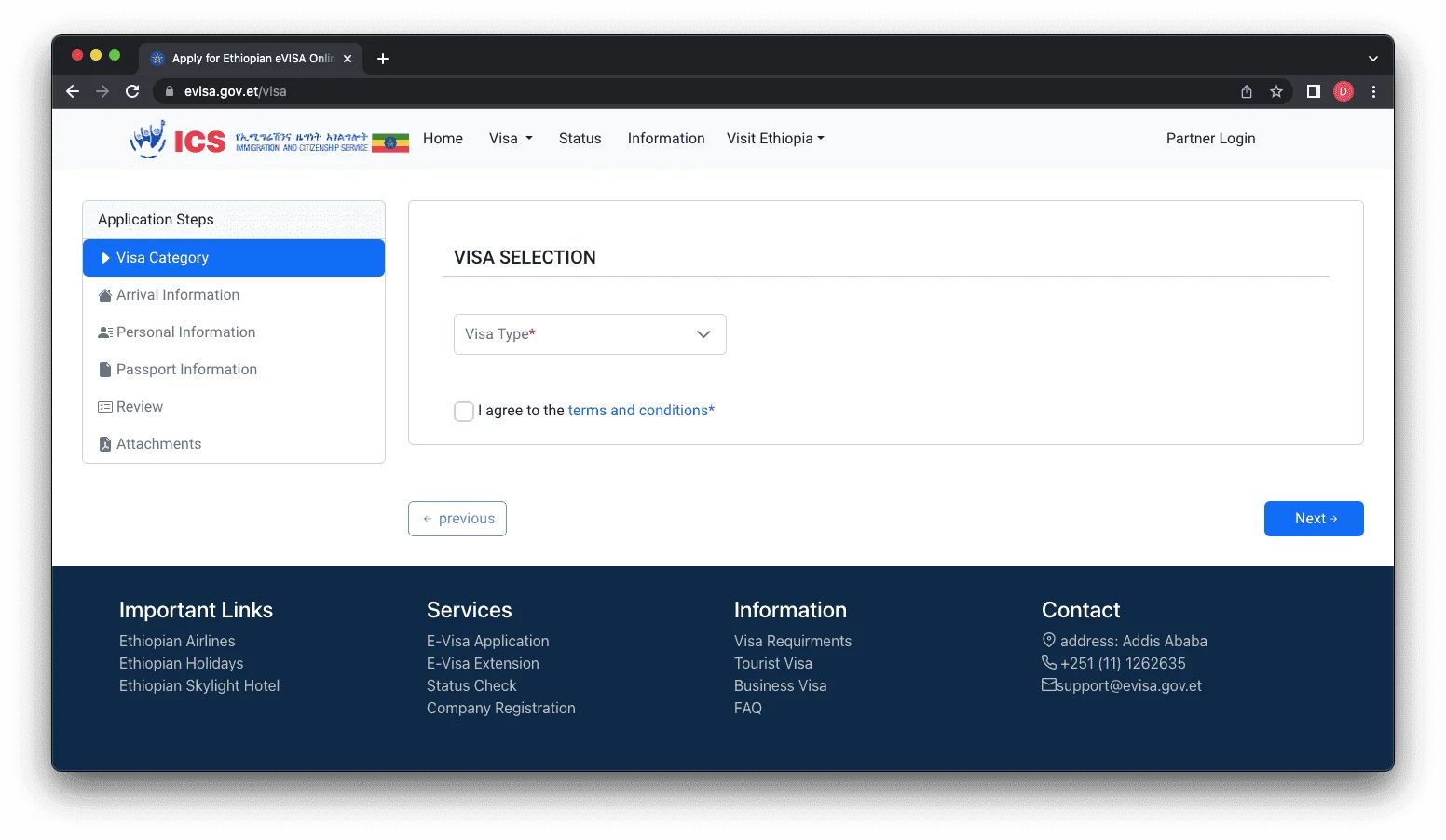 Etiyopya Vize Türü Seçimi Ekranı