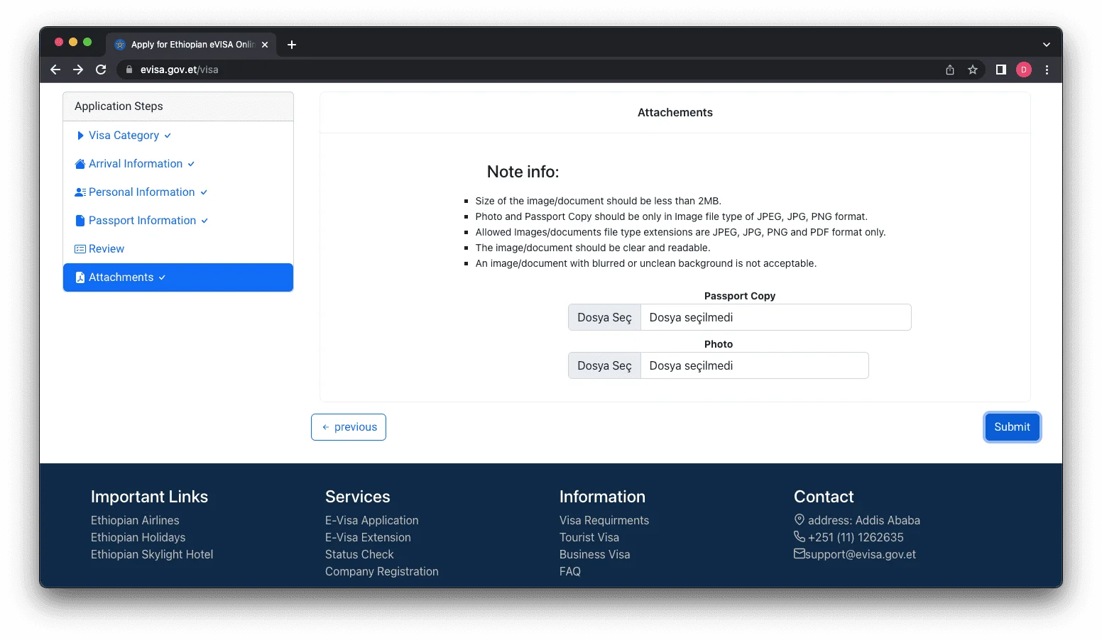Etiyopya Vizesi Ek Evraklar Yükleme Ekranı