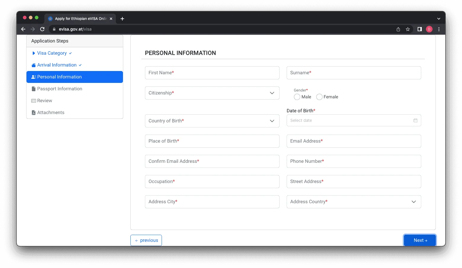 Etiyopya Vizesi Kişisel Bilgiler Girişi Ekranı