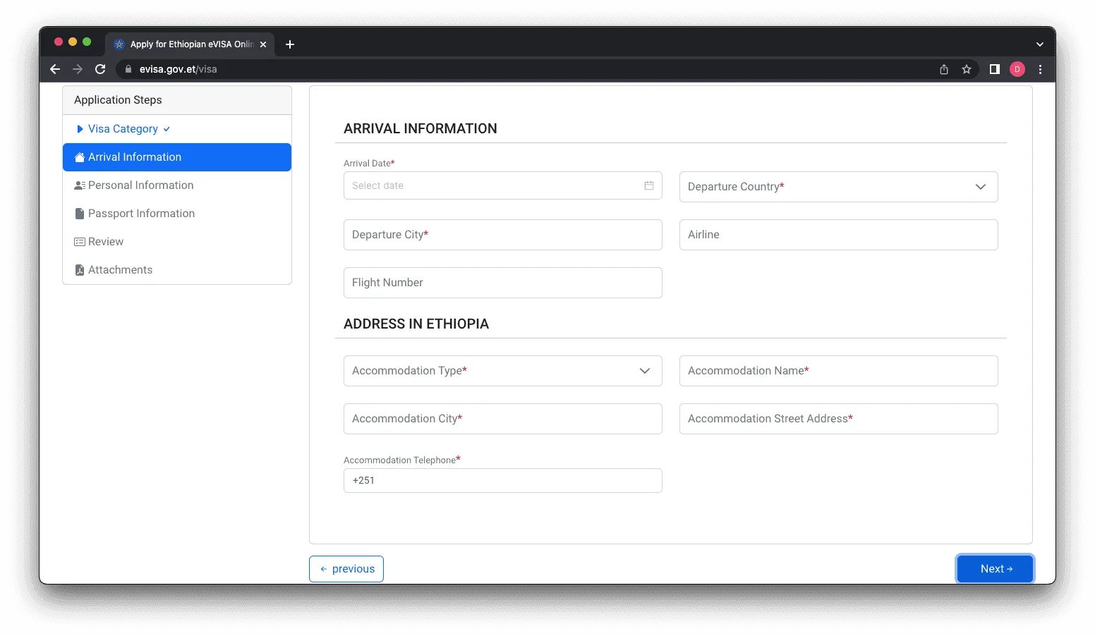 Etiyopya Vizesi Konaklama Bilgileri Girişi Ekranı