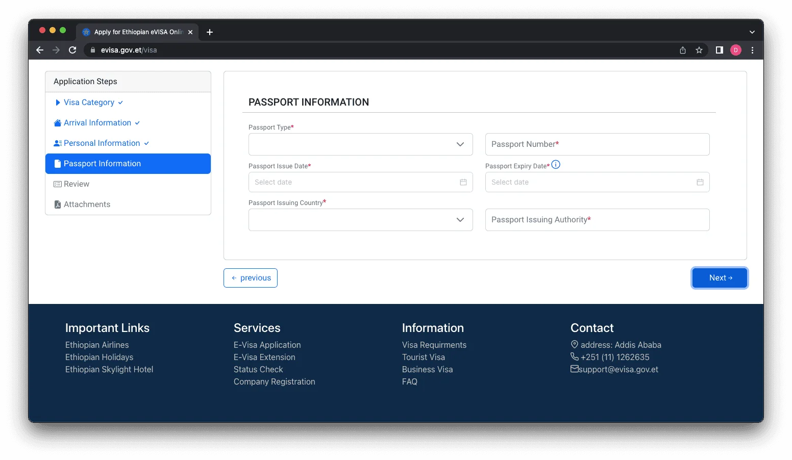 Etiyopya Vizesi Pasaport Bilgileri Giriş Ekranı