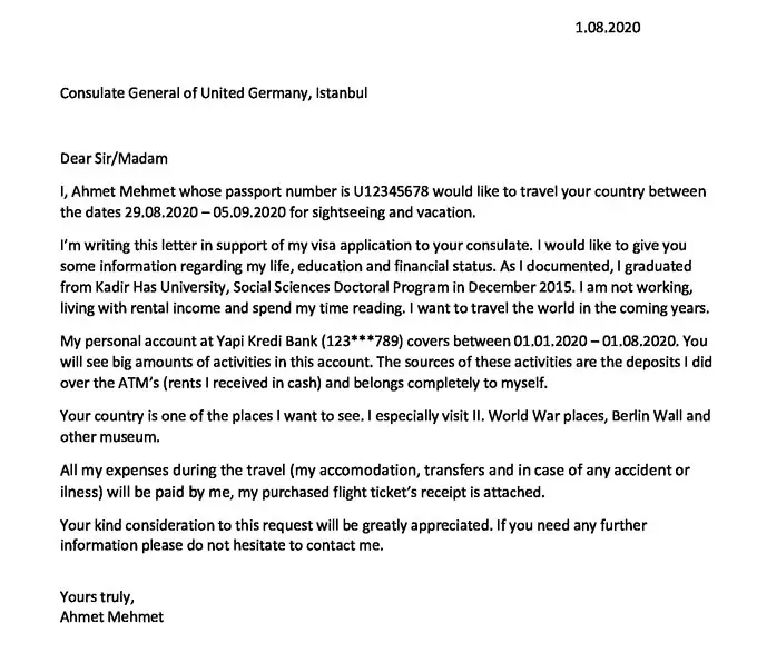 Ev Hanımları için İngilizce Almanya Vize Dilekçe Örneği