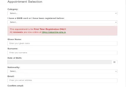 İrlanda INIS Aile Birleşimi Başvuru Ekranı