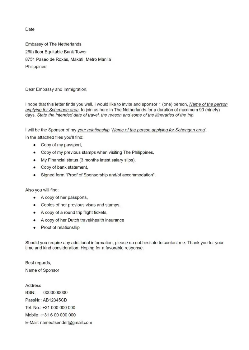 Hollanda Vizesi Davet Mektubu Örneği (İngilizce)