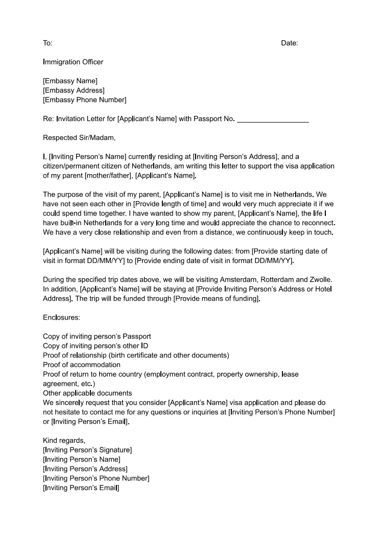 Hollanda Davet Mektubu Örneği