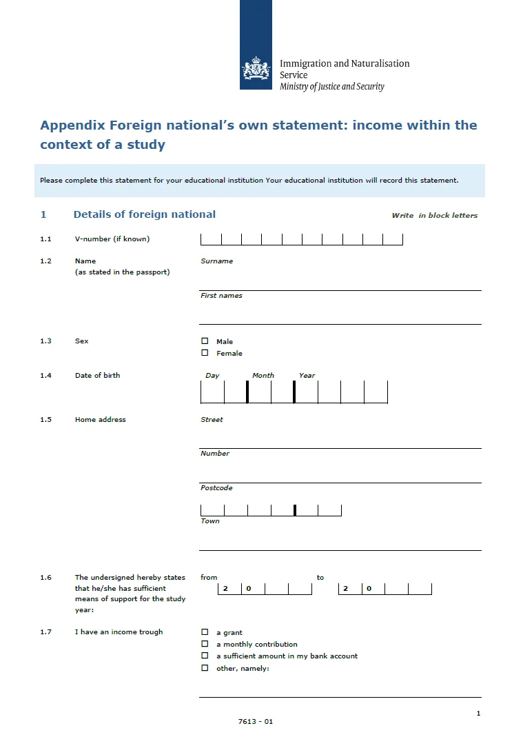 Hollanda Eğitim Vizesi Maddi Durum Formu