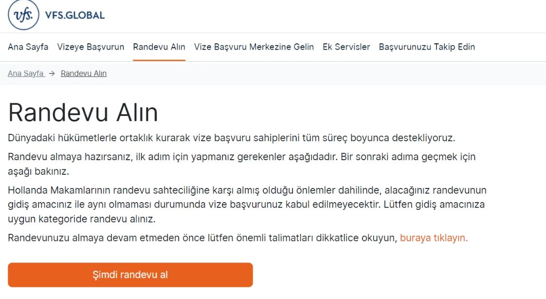 Hollanda Vize Randevusu Alma Ekranı