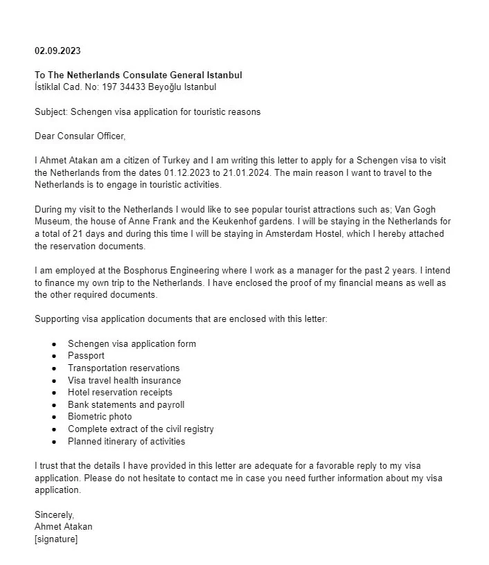 Hollanda Vize Talep Dilekçesi Örneği