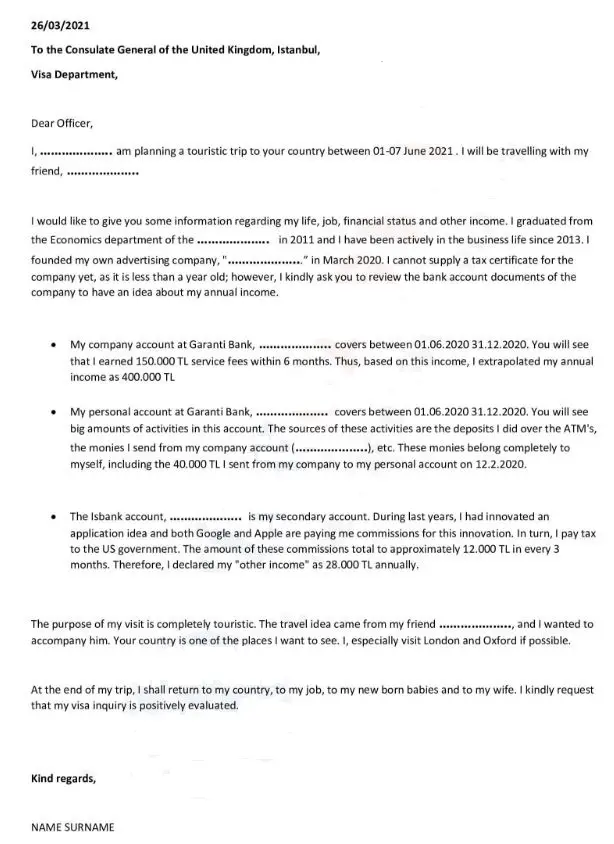 İngiltere Vize Dilekçe Örneği