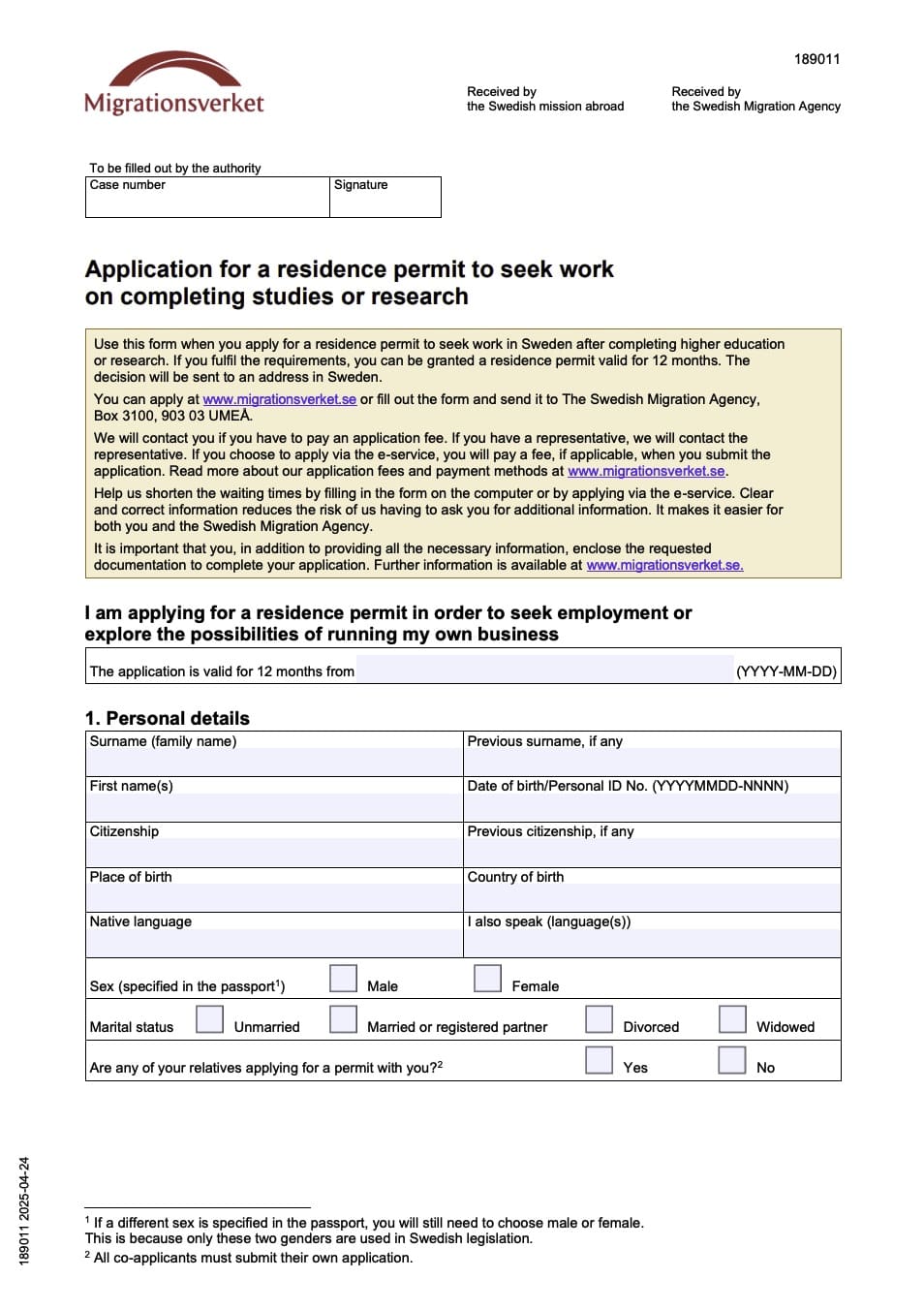 İsveç İş Arama Vizesi İçin Vize Başvuru Formu