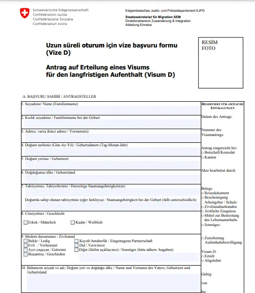 İsviçre Öğrenci Vizesi Başvuru Formu Örneği