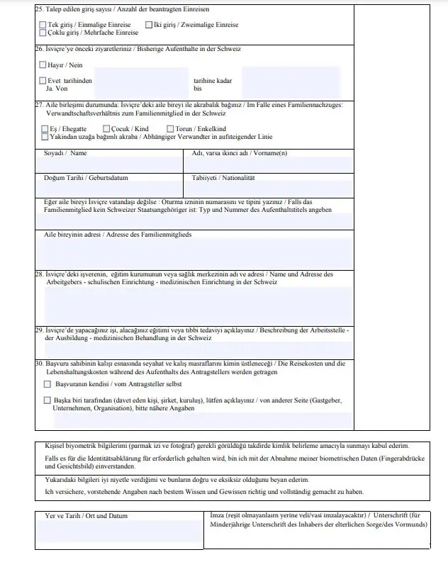 İsviçre Schengen Vizesi Başvuru Formu #1