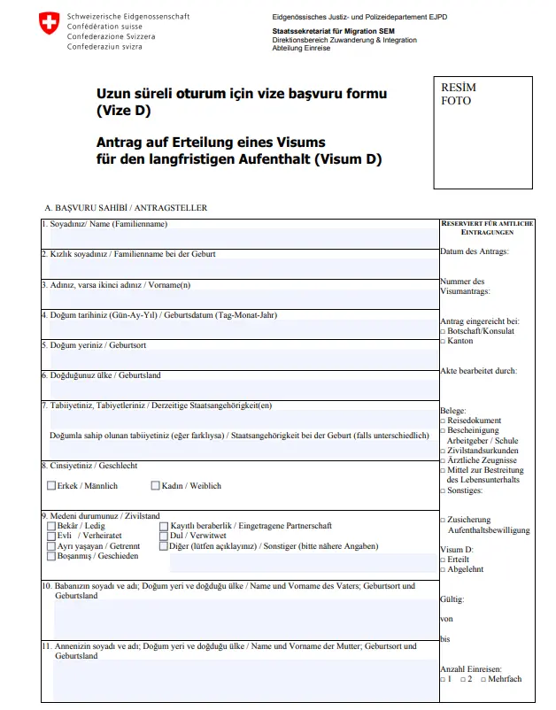 İsviçre Ulusal Vize Başvuru Formu Örneği