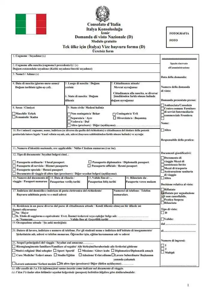 İtalya Başkonsolosluğu Vize Formu Örneği
