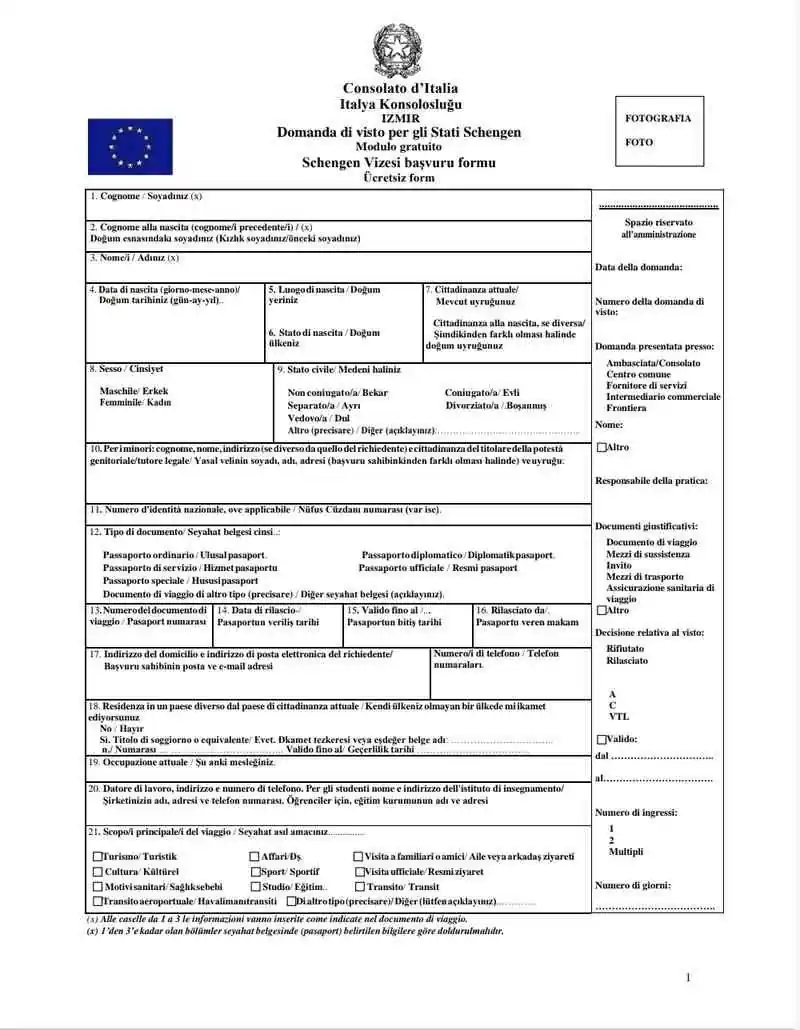 İtalya İzmir Konsolosluğu Vize Başvuru Formu
