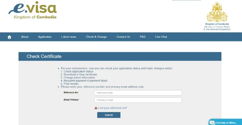 Kamboçya e-vize takip ekranı