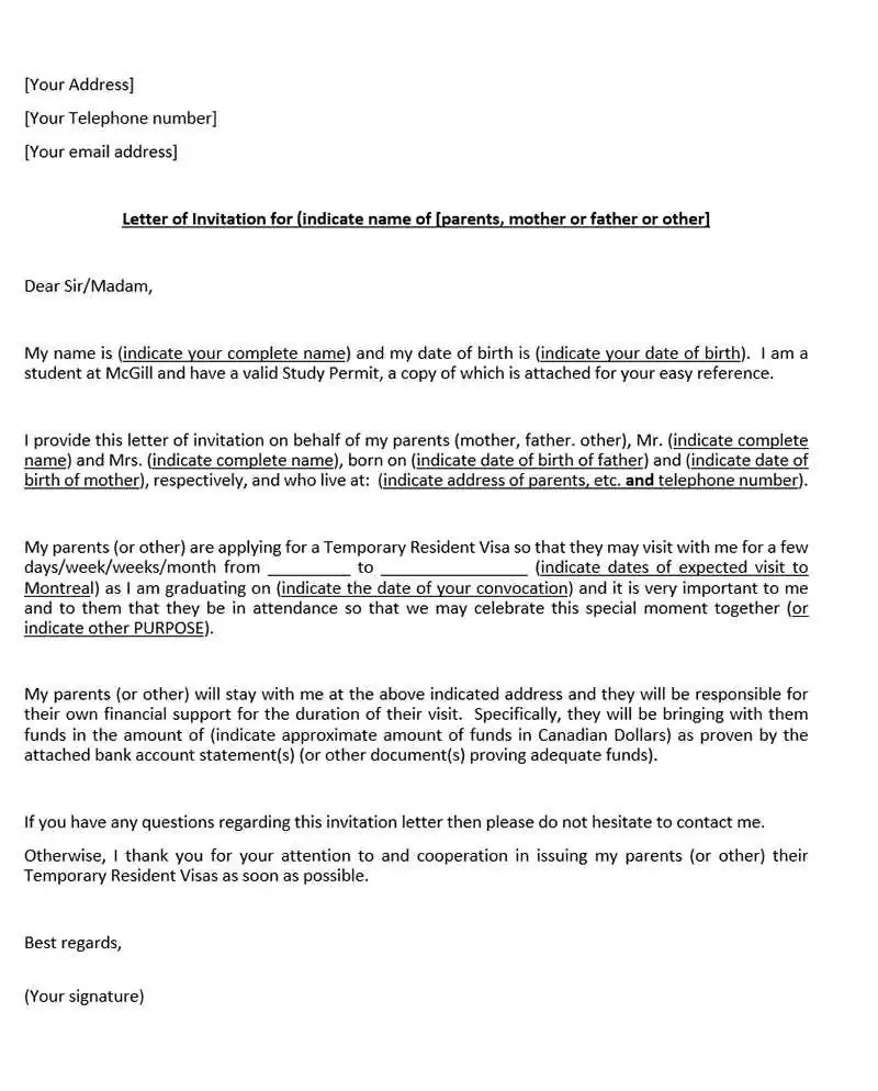 Kanada Süper Vize Davet Mektubu Örneği