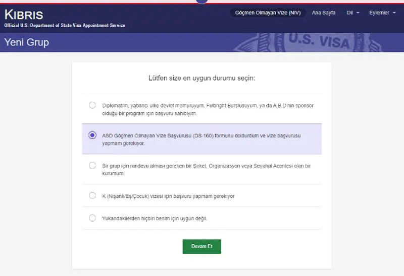 Kıbrıs'tan Amerika Vize Randevusu Alma Ekranı