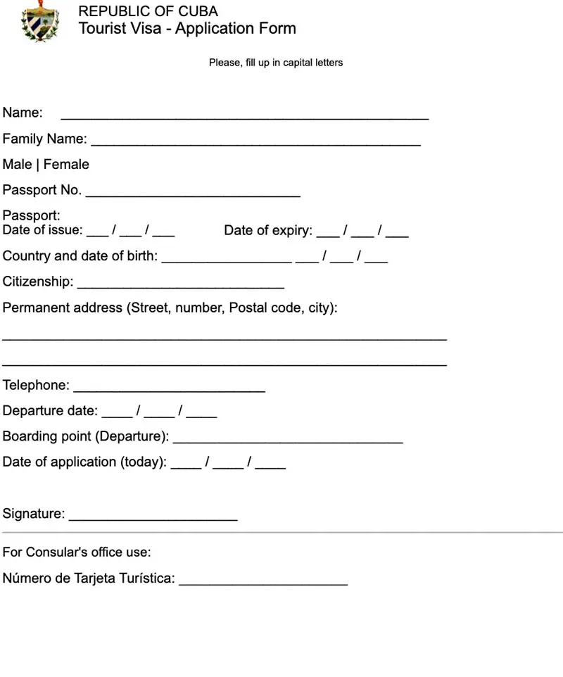 Küba Vize Başvuru Formu Örneği