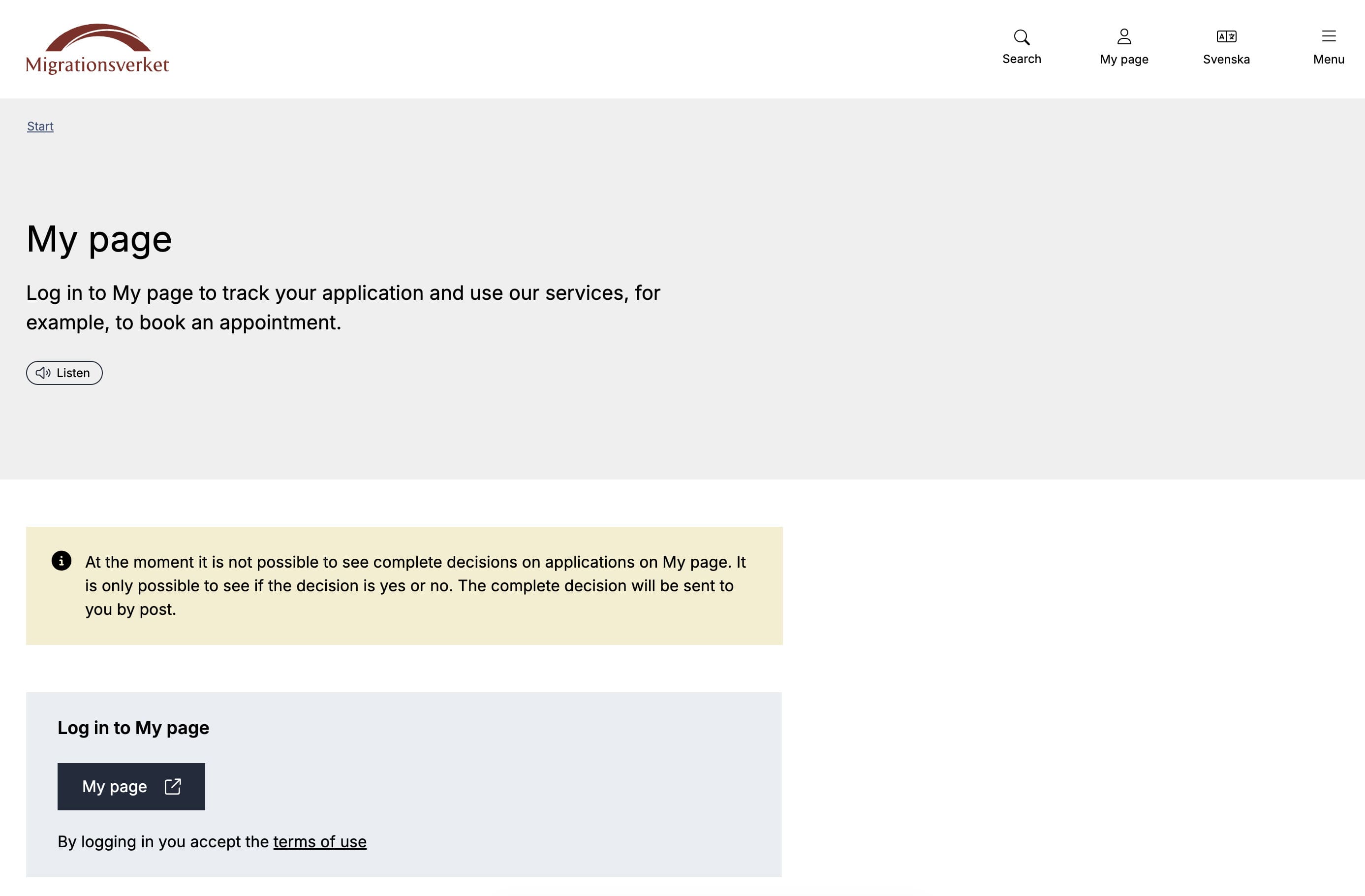 Migrationsverket İsveç Göçmenlik Bürosu internet sitesi