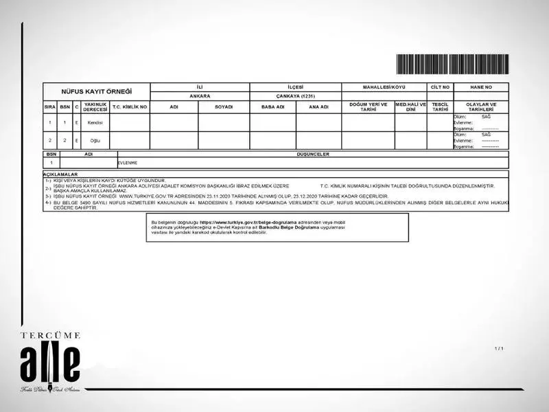 Tayvan Düğün Vizesi için Nüfus Kayıt Örneği