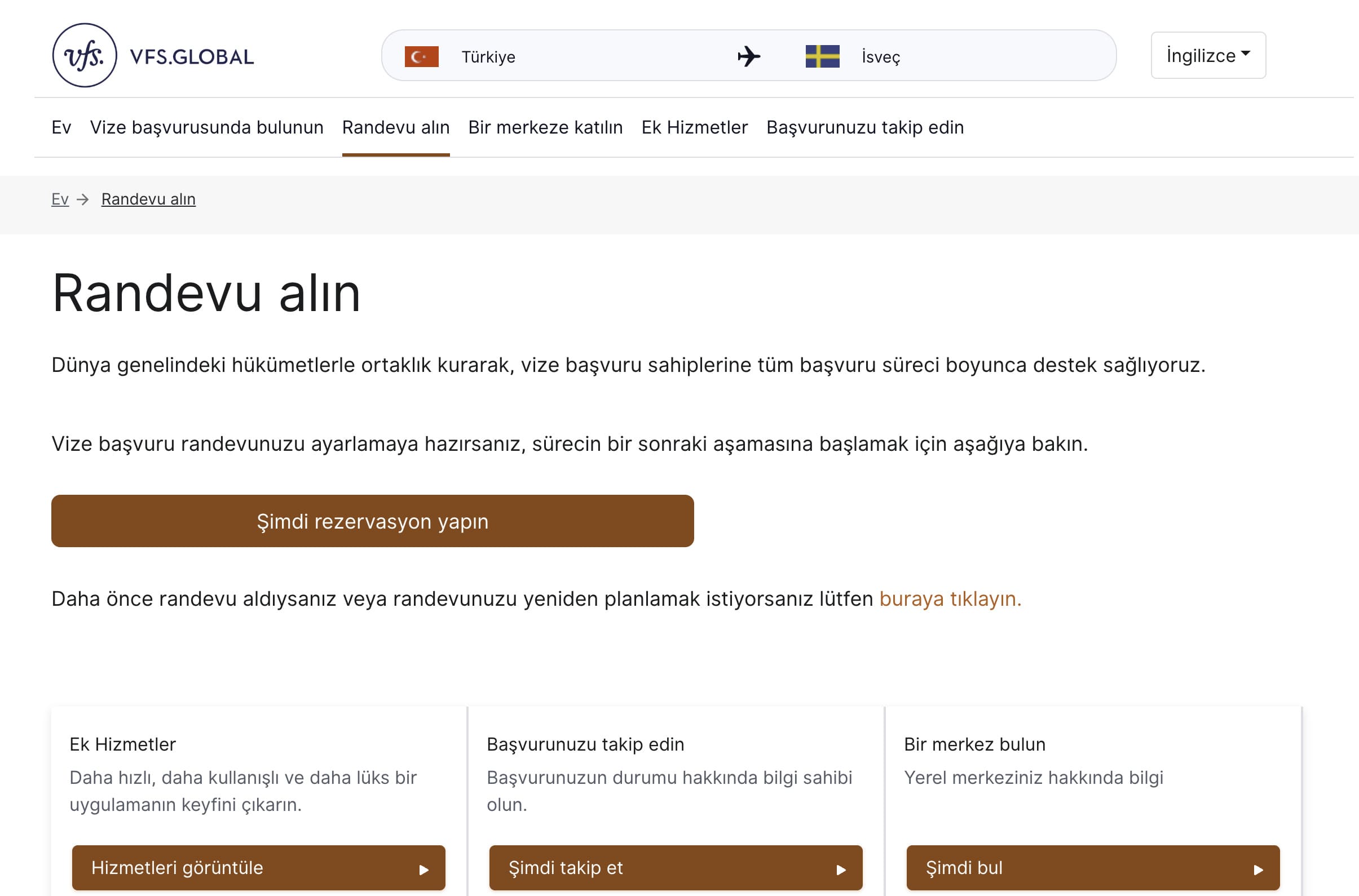 İsveç vfs global randevu giriş ekanı