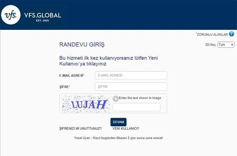 VFS Kanada Vize Randevu Alma Ekranı