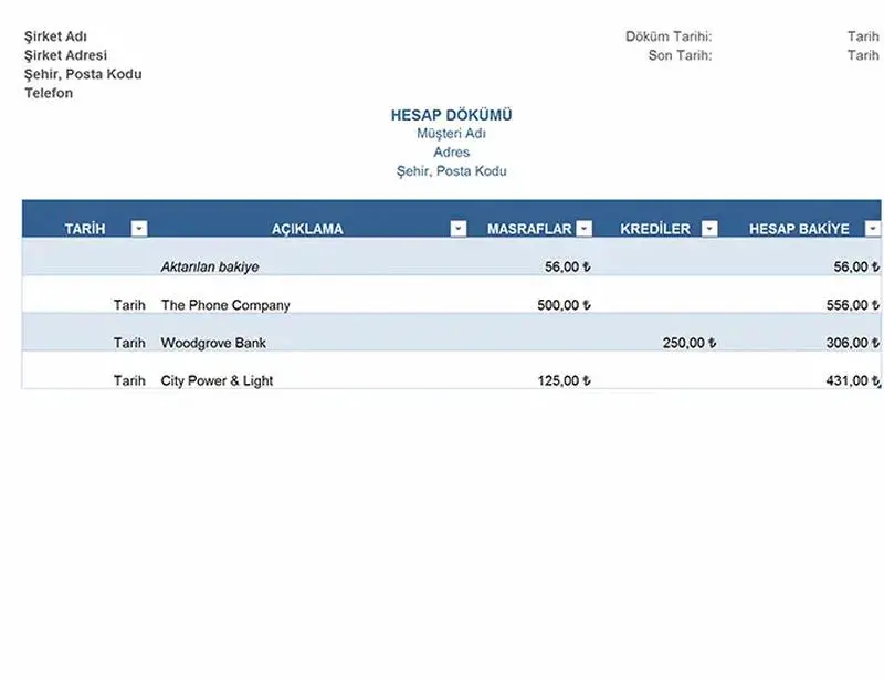 Vize için Banka Hesap Dökümü Örneği