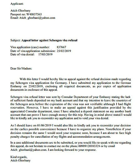 Vize Reddi İtiraz Dilekçe Örneği (İngilizce)